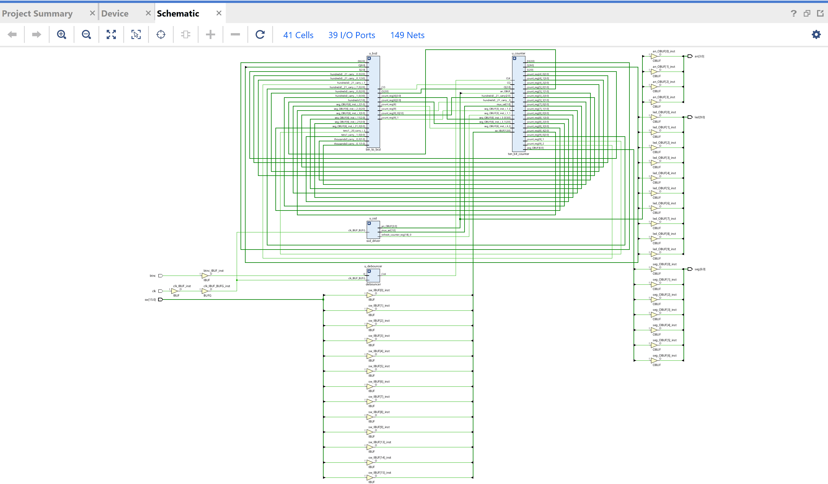 10-bit synchronous up/down counter on Basys3 FPGA