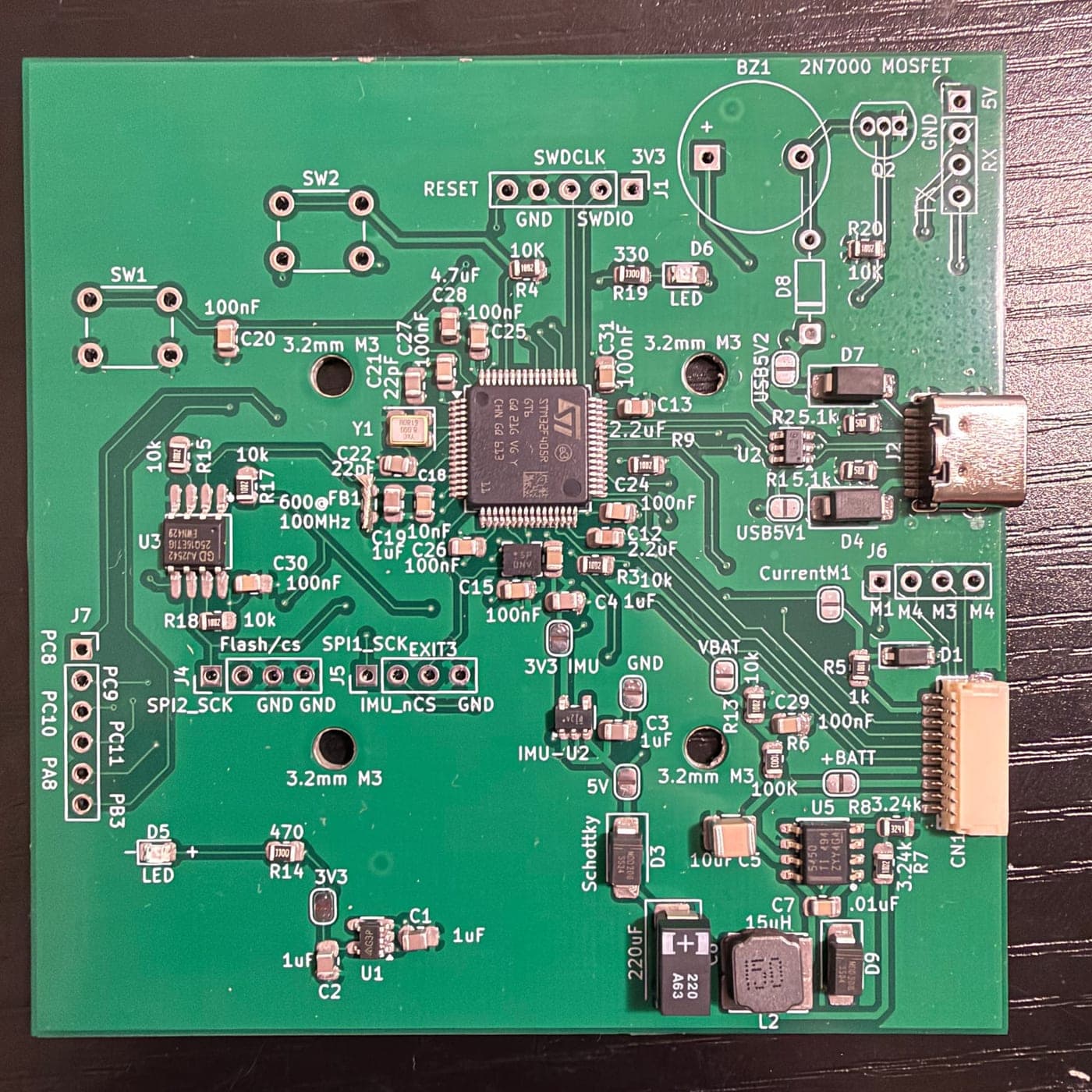 The STM32F405 flight controller I designed, assembled after hotplate reflow